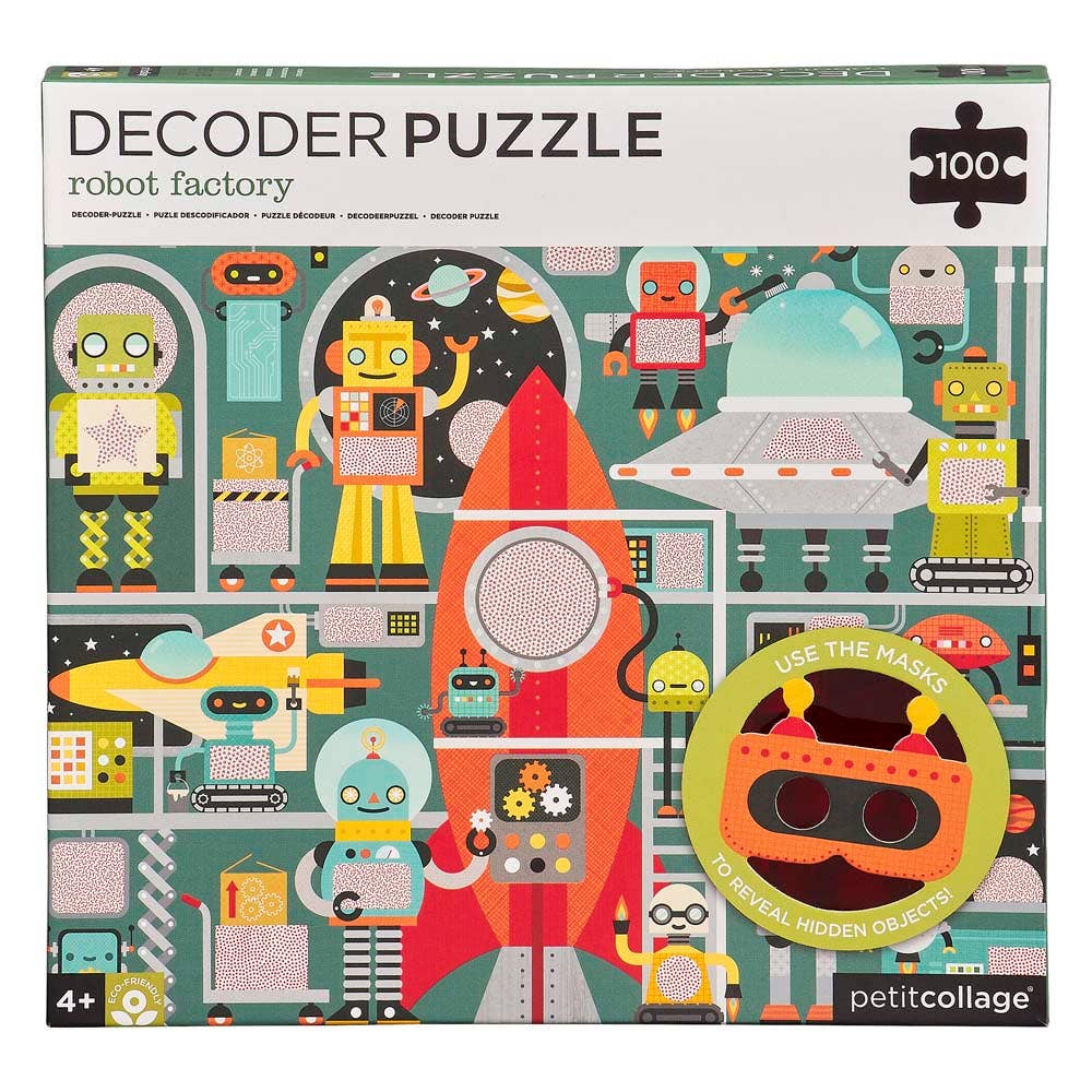 Robot Factory 100-Piece Decoder Puzzle featuring robots, a rocket, and hidden objects to find in each puzzle.