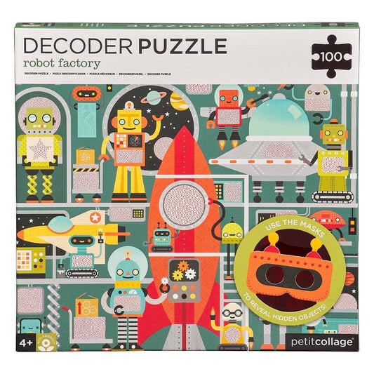 Robot Factory 100-Piece Decoder Puzzle featuring robots, a rocket, and hidden objects to find in each puzzle.