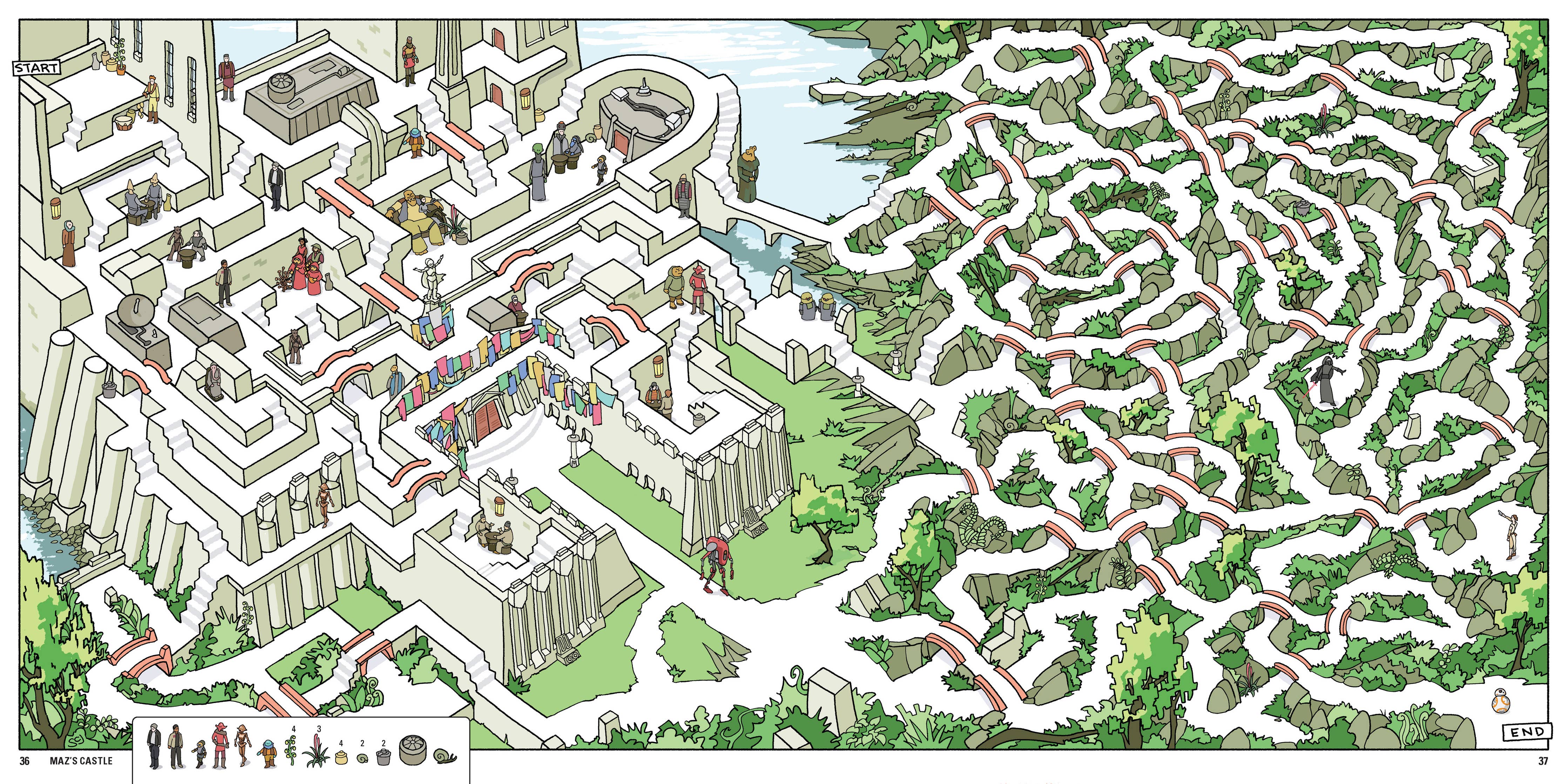 Star Wars Mazes book with illustrated maze maps of castles and forests, showing a red solution path.