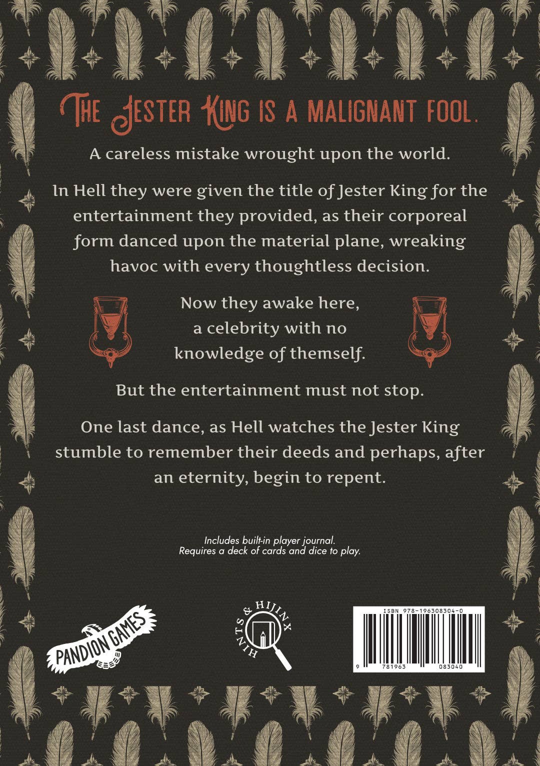 Back cover of Jester Kings Dance 2e book with story details, logos, feather pattern, and barcode.