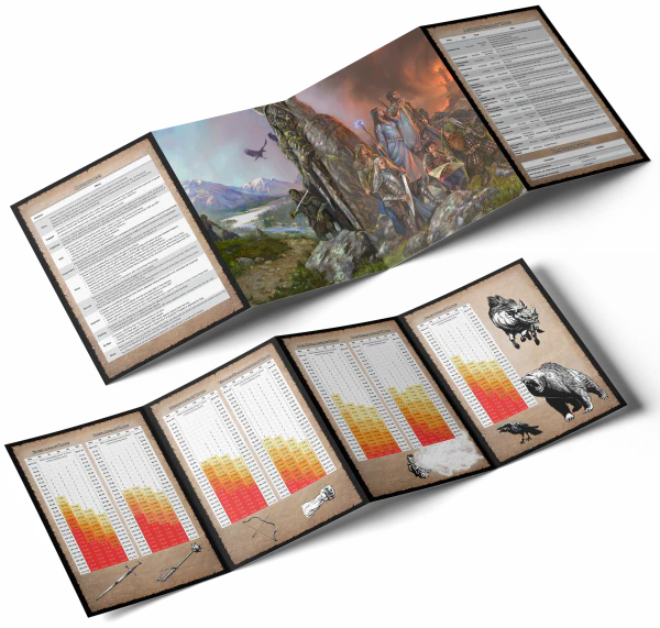 Against the Darkmaster GM Screen and Booklet with two folding screens displaying charts and tables.
