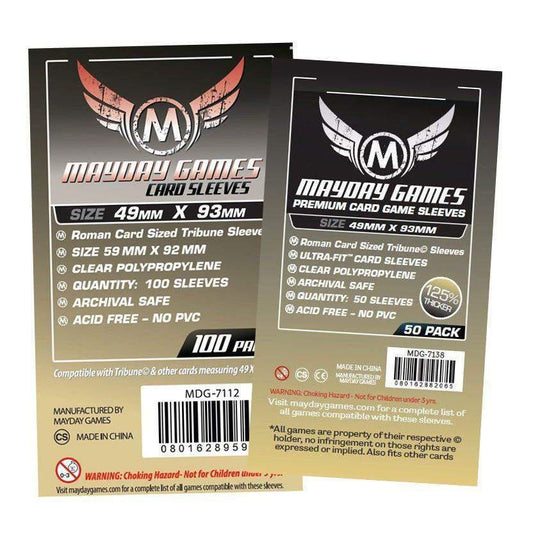 Two packs of Mayday Roman Card Sized Tribune Sleeves, 49x93mm, with size, quantity, features, and archival safety shown.