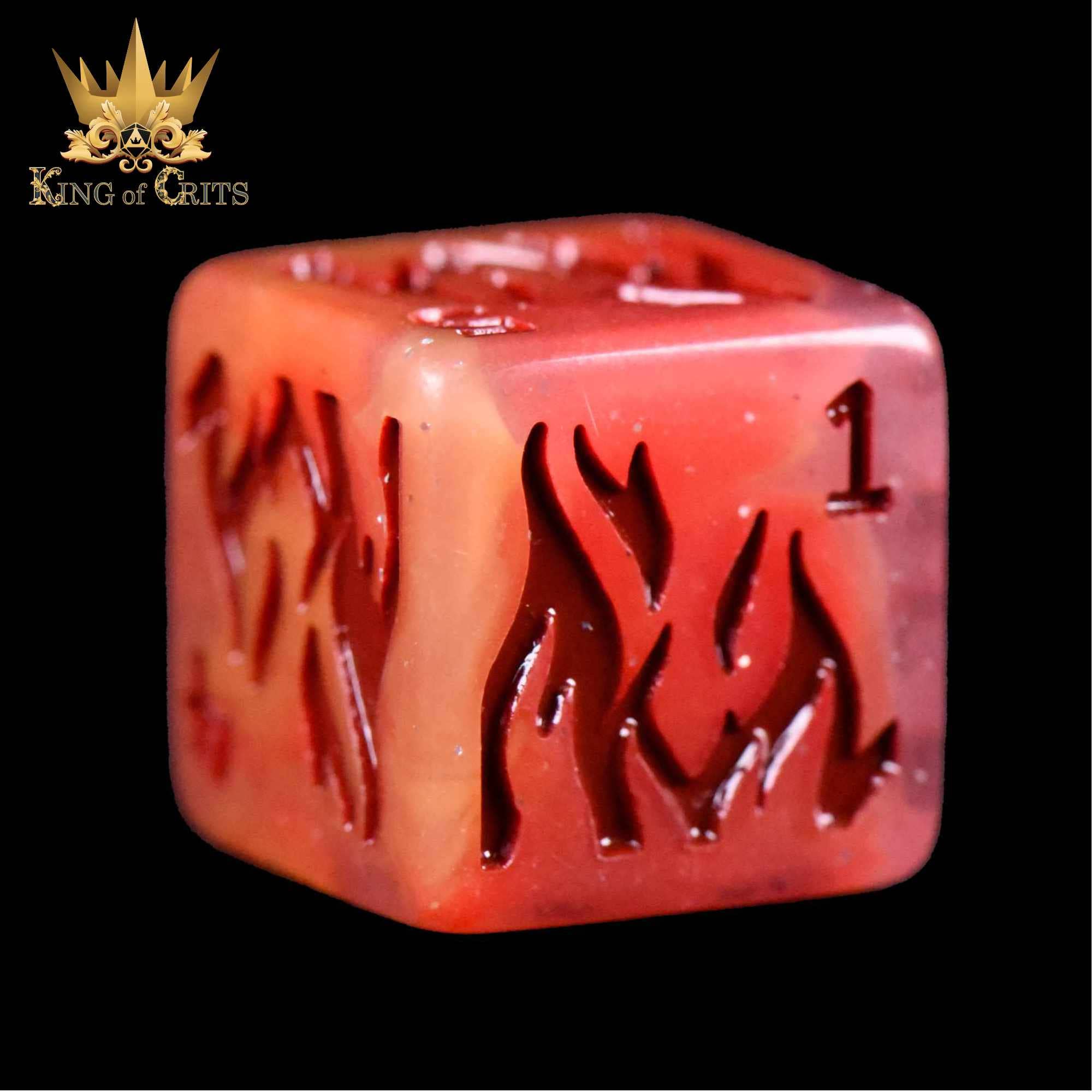 Forces of Nature 4D6 red and orange resin dice set with flame designs, cornered 1s, King of Crits logo.