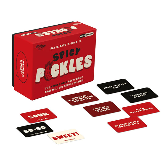 Spicy Pickles party game box with black, white, and red cards displaying prompts for adult conversations.