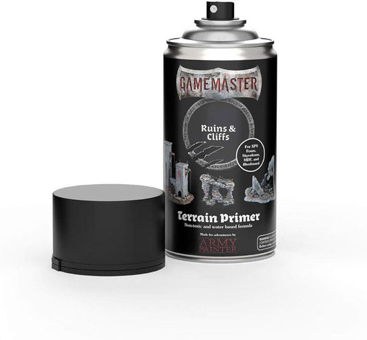 GameMaster Terrain Primer can, cap off, labeled Ruins & Cliffs.
