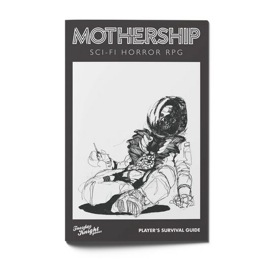 MOTHERSHIP Players Survival Guide cover with a sketch of a seated astronaut and a cracked helmet.