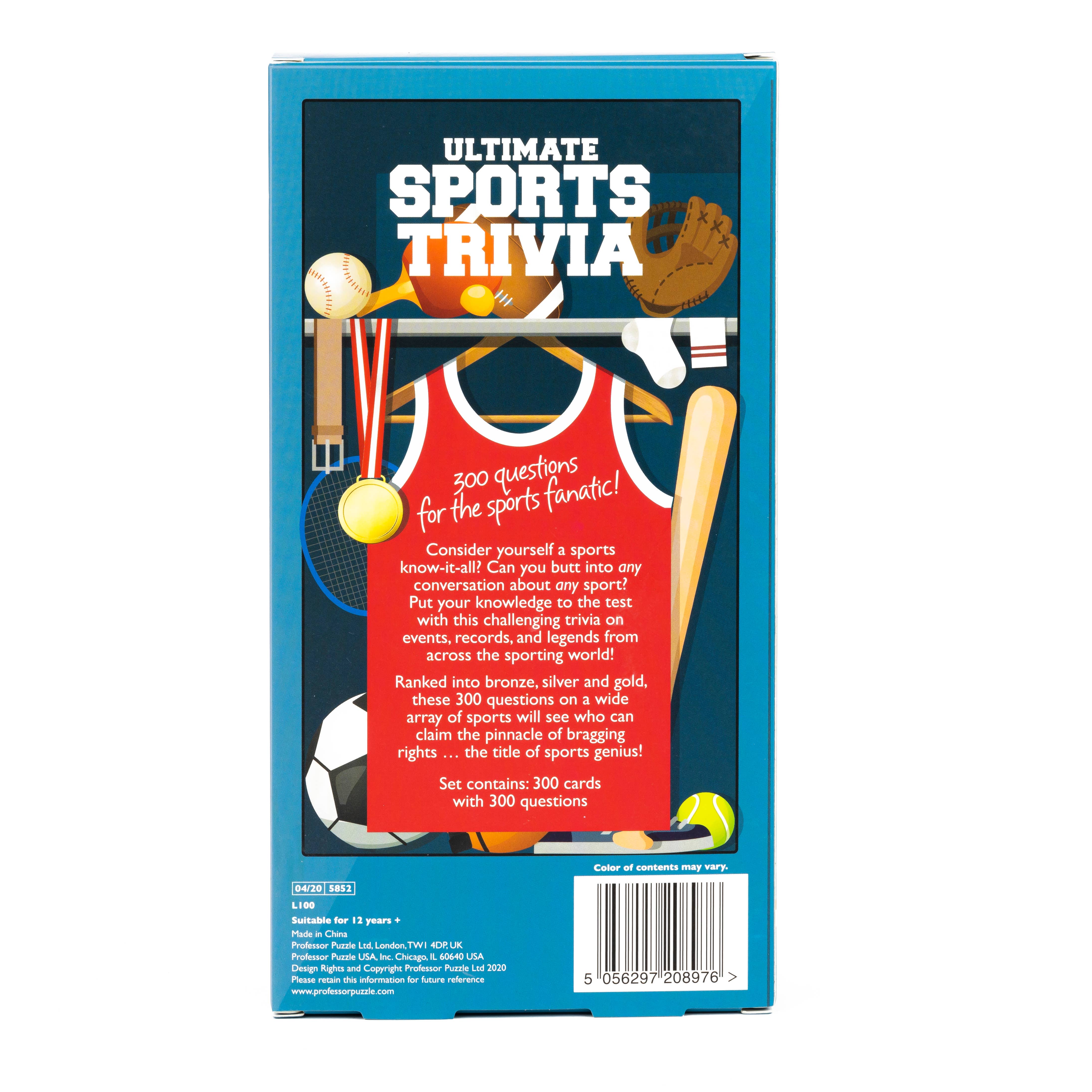 Back of Ultimate Sports Trivia box featuring 300 questions, text, sports icons, and a barcode.