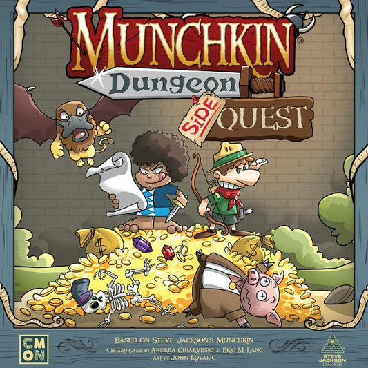 Munchkin Dungeon Side Quest board game expansion box with cartoon heroes and monsters illustration.