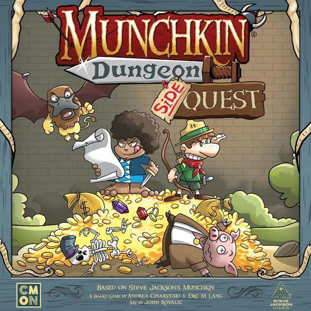 Munchkin Dungeon Side Quest game box with cartoon heroes on coins and monsters above.