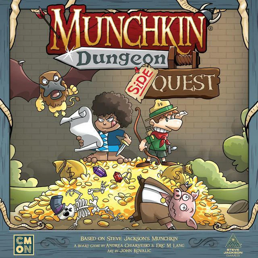 Munchkin Dungeon Side Quest game box with cartoon heroes on coins and monsters above.
