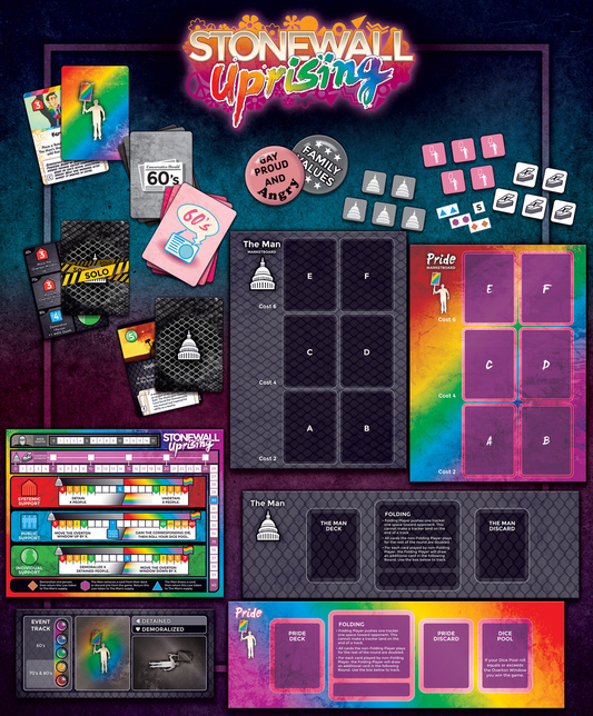 Stonewall Uprising two-player historical board game with colorful cards, tokens, and pride-themed elements.
