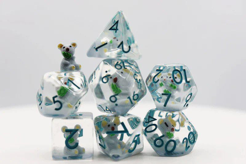 Koala RPG Dice Set featuring tiny white mice and green accents for tabletop roleplaying games.
