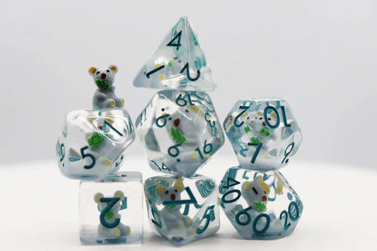 Koala RPG Dice Set featuring tiny white mice and green accents for tabletop roleplaying games.