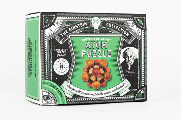 Wood Atom Puzzle box in green and black with Einstein’s image, containing a wooden brainteaser.