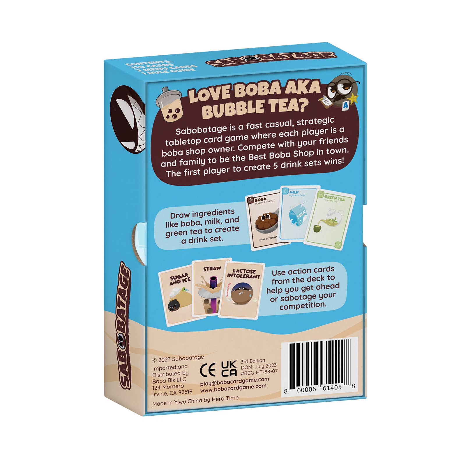 Sabobatage 3rd Edition box back showing game details, sample cards, and instructions.