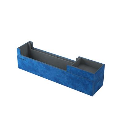 Cards Lair 400+ Blue card storage box with two open compartments, viewed from a slight angle.