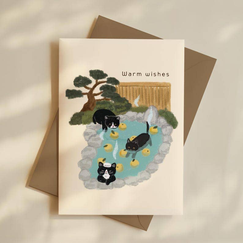 Japanese Onsen Cat Card featuring three cats in a yuzu bath with ducks.