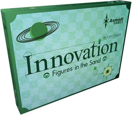 Innovation 3e: Figures in the Sand board game expansion box by Carl Chudyk and Asmadi Games, green packaging.