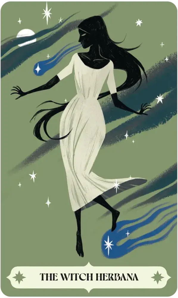 Herbana Witch Oracle card set with a woman in white, stars, meteors, and product name shown below.
