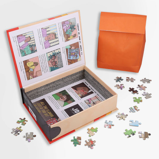 Mysteries of the 80s Dognapped 500-piece puzzle with open box and loose pieces visible.