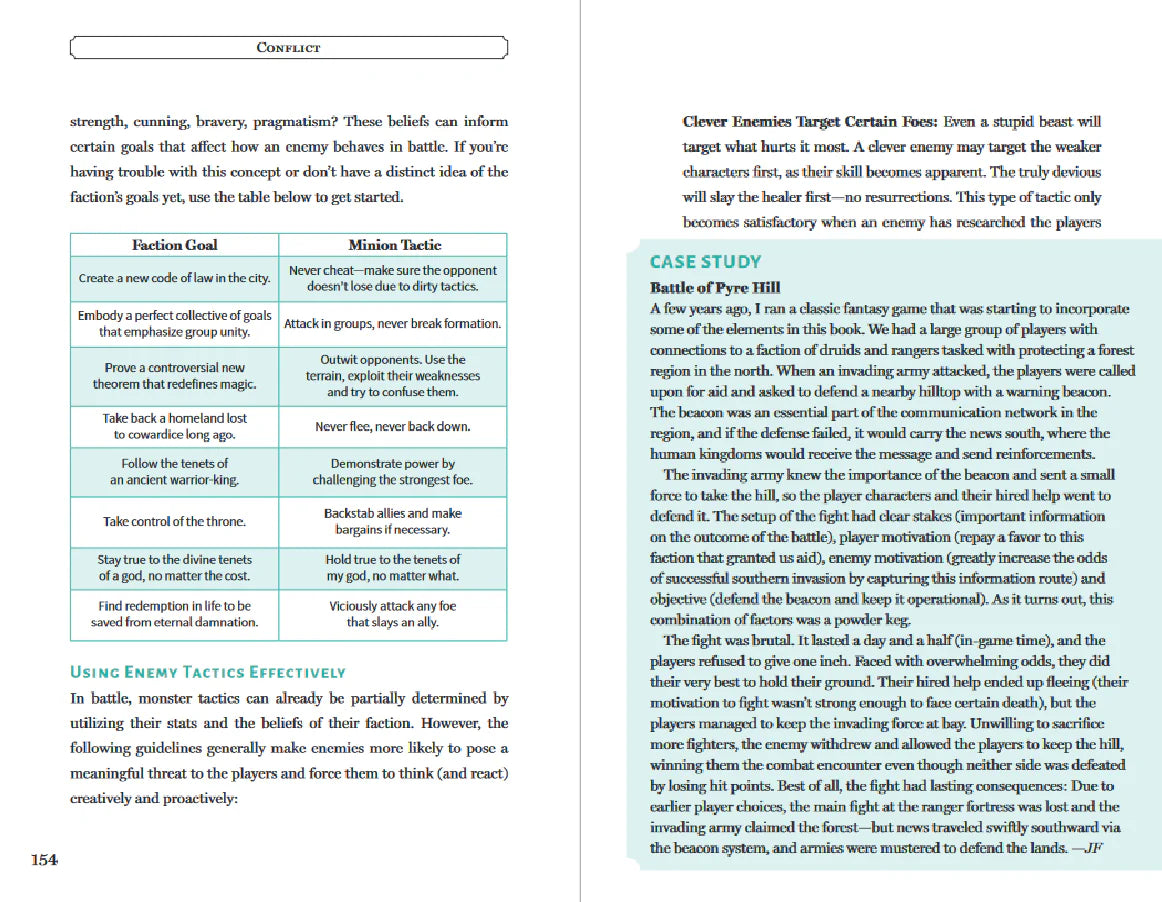Two pages from the D&D 5E Book of Proactive Roleplaying showing enemy tactics charts and a blue case study.
