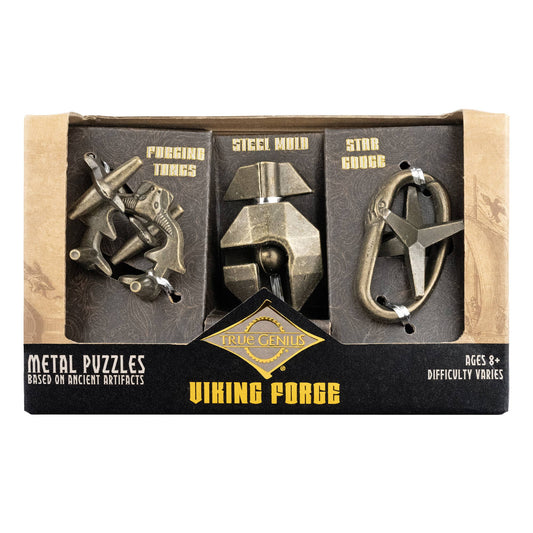 True Genius Viking Forge 3-piece puzzle set with Forging Tongs, Steel Mold, and Star Gauge puzzles.