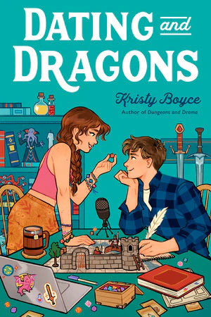 Children play Dating and Dragons at a table with books, dice, and swords around them.