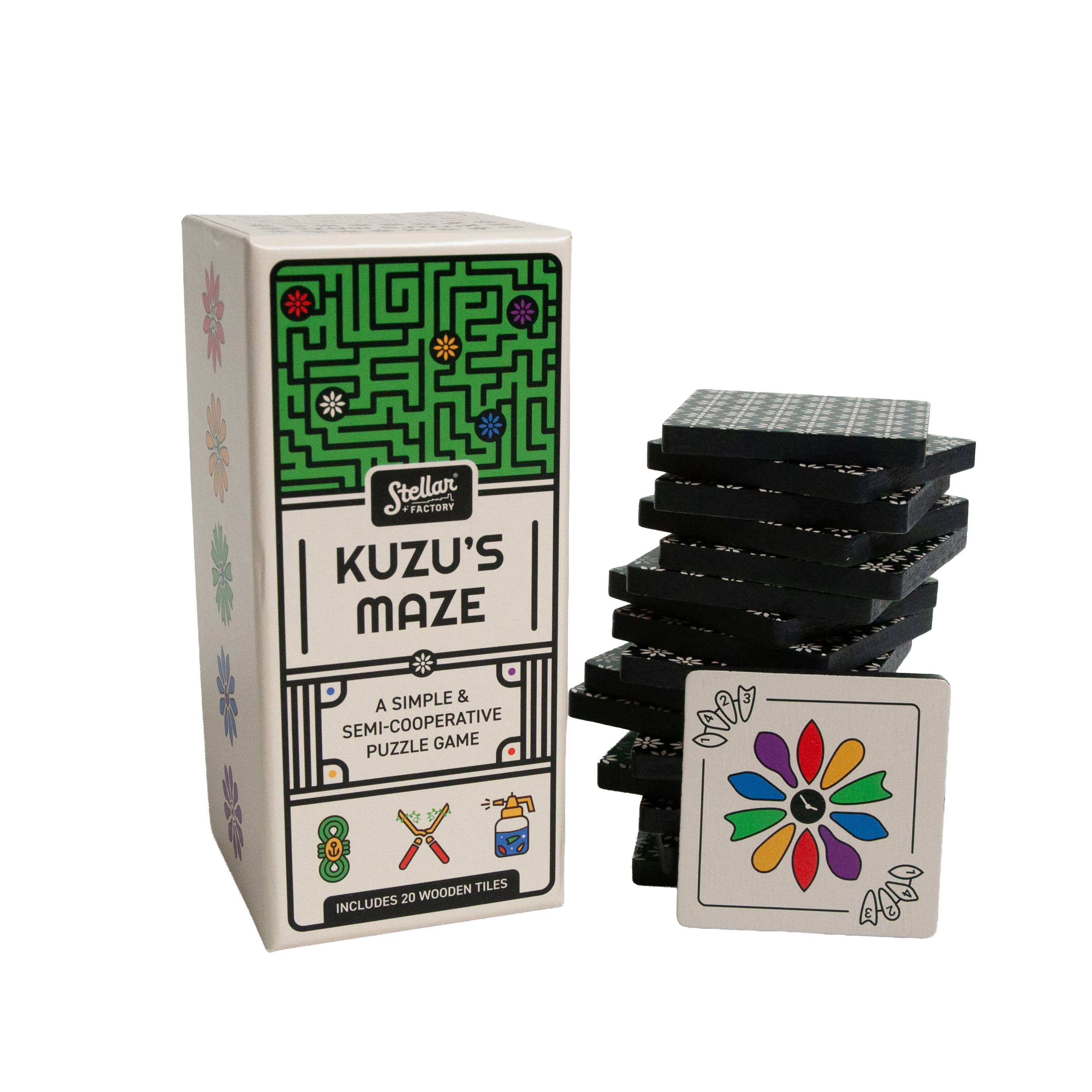 Kuzus Maze puzzle game with stacked black tiles and a floral tile. Semi-cooperative travel game.