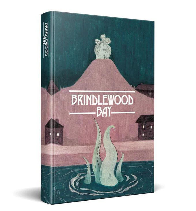 Brindlewood Bay book cover featuring two people on a hill and green tentacles in water at night; cozy mystery game.