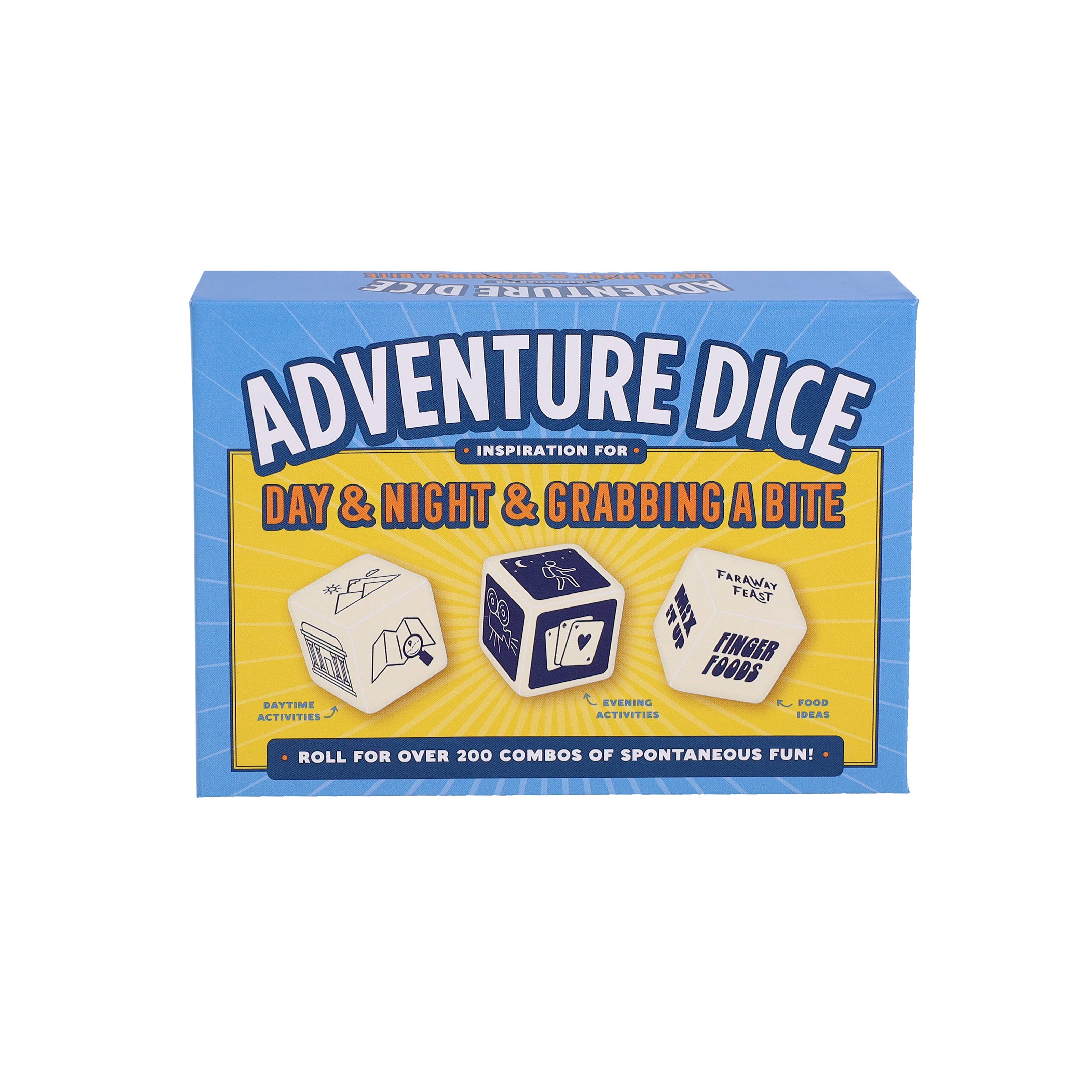 Adventure Dice set with box containing dice and idea cards for day, night, and food-themed activities.