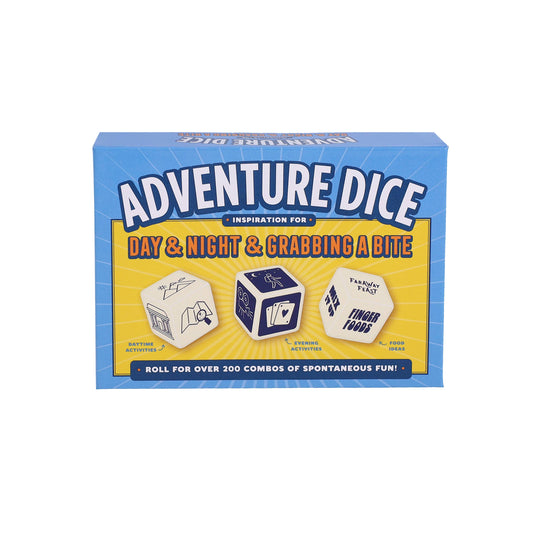 Adventure Dice set with box containing dice and idea cards for day, night, and food-themed activities.