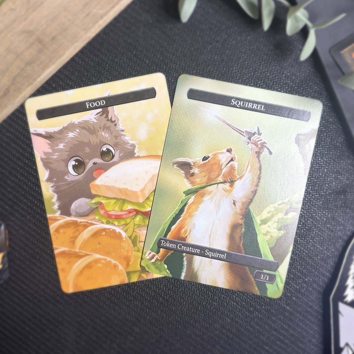 Squirrel & Food Token Set for MtG: includes cat with food tokens and a squirrel holding a sword.