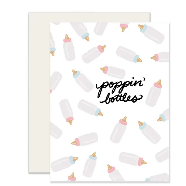 New Baby card featuring pastel baby bottles pattern and poppin’ bottles text in black script.