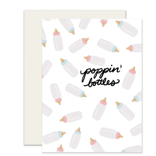 New Baby card featuring pastel baby bottles pattern and poppin’ bottles text in black script.