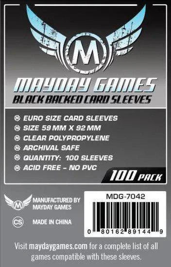 Black Backed Card Sleeves, 100-pack for 59x92mm euro cards, shown with product details and barcode.