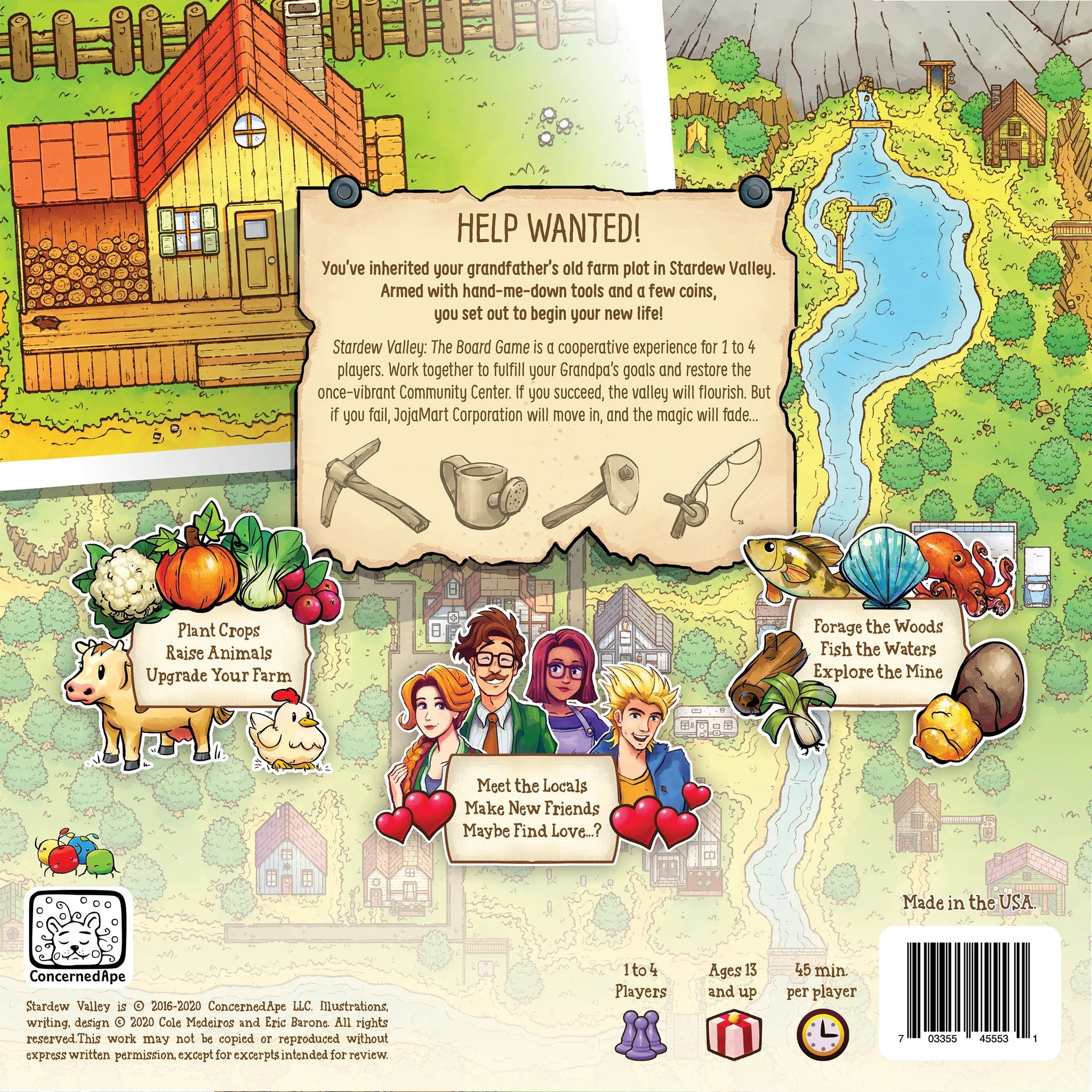 Stardew Valley The Board Game box back showing game details, farm setting, and characters.