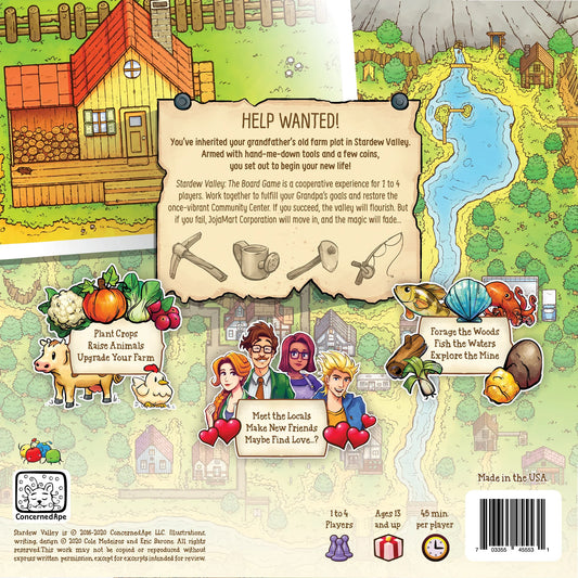 Stardew Valley The Board Game box back showing game details, farm setting, and characters.