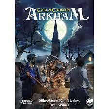 Call of Cthulhu 7E Arkham: three people confront a monster by a church under a full moon near Miskatonic University.
