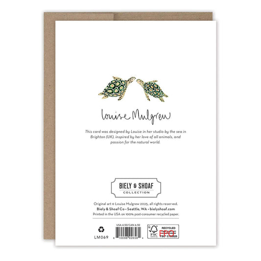Turtley In Love Anniversary Card featuring two illustrated turtles and Louise Mulgrew, with recycled envelope.