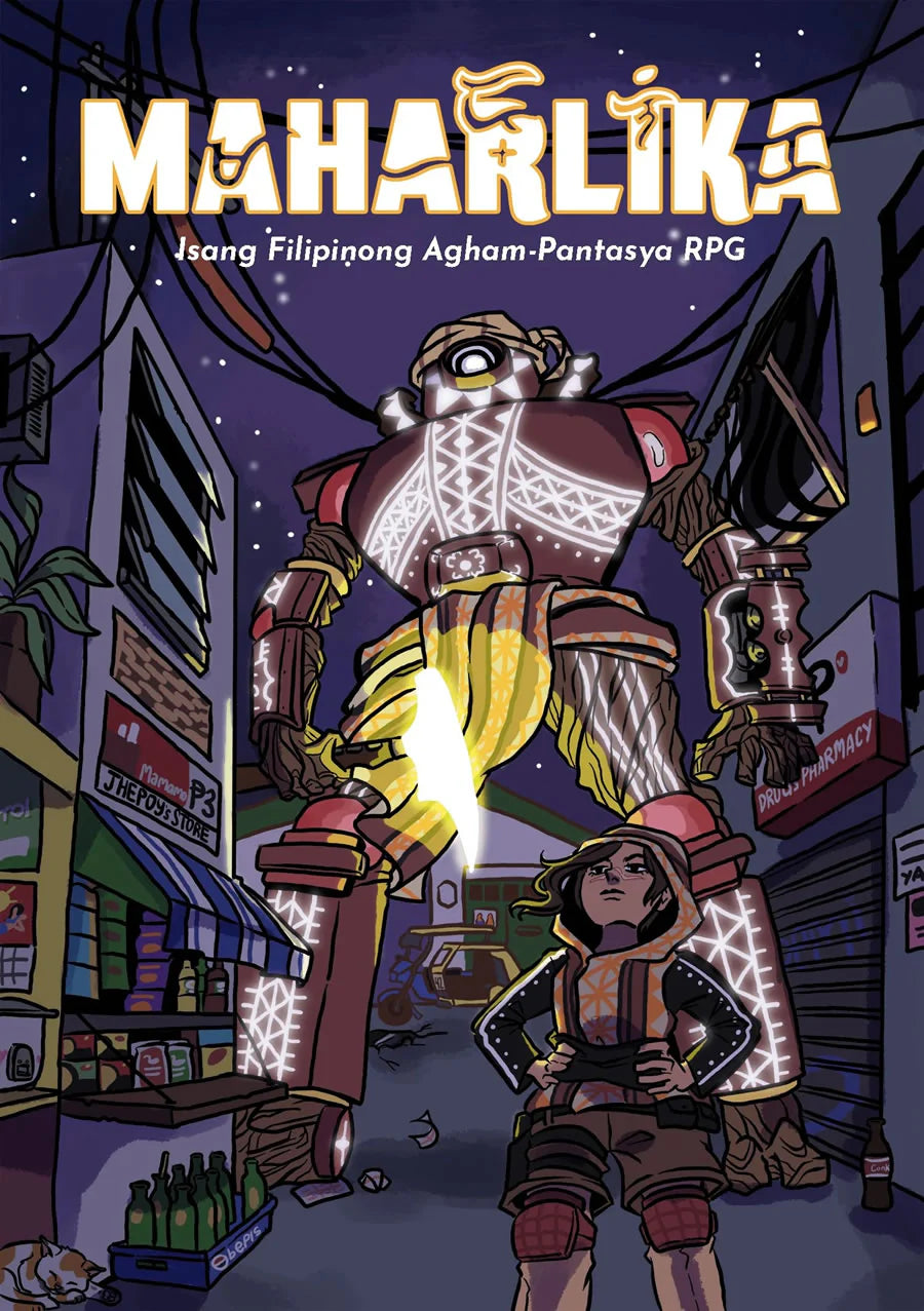 Maharlika game featuring a young woman facing a glowing mech in a neon city with Filipino mythology elements.