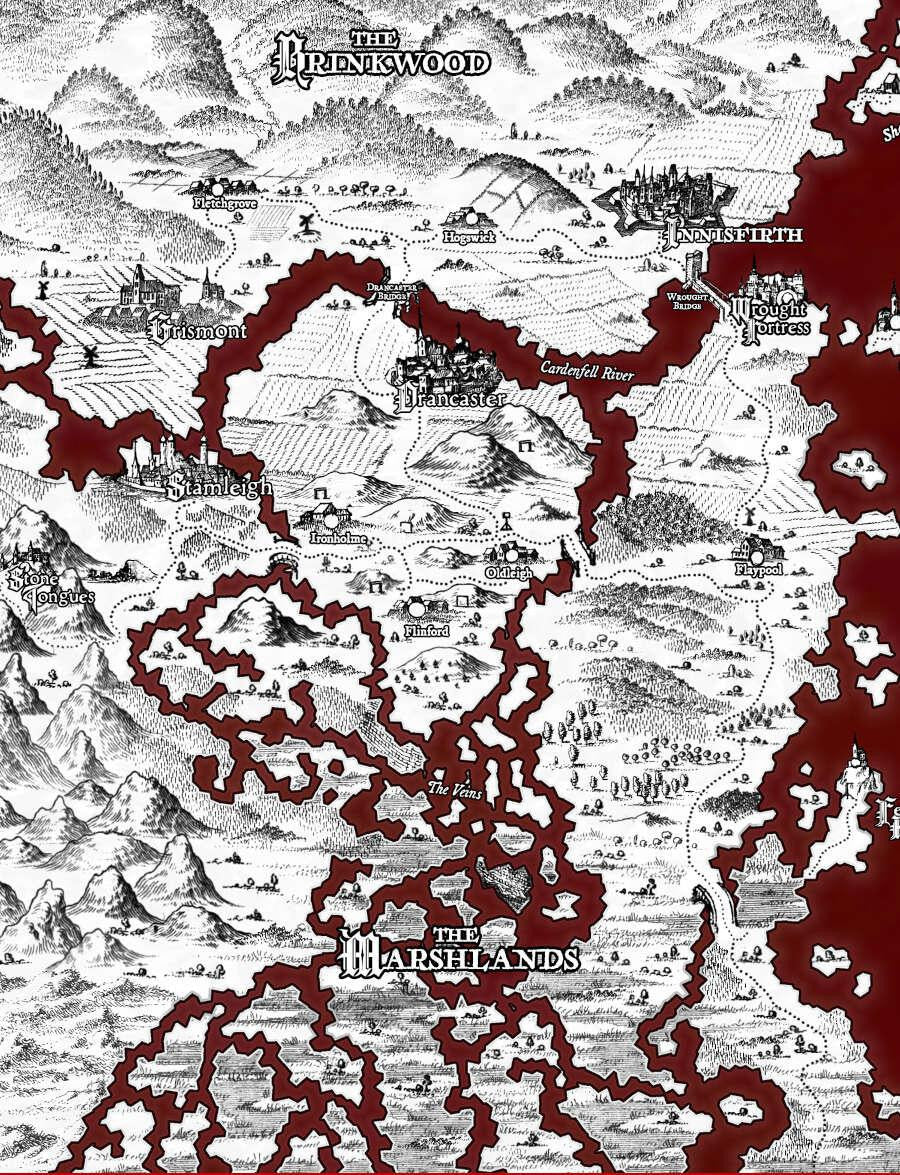 Brinkwood: Map of Cardenfell displaying The Trunkwood, Marshlands, rivers, forests, and castles for vampire RPGs.