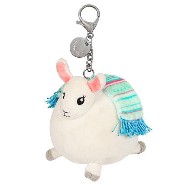 Micro Little Llama keychain, round plush with pink ears, teal clip, and striped blanket.