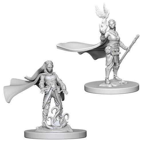 D&D NMU Elf Female Druid W4, two pre-primed miniatures: one with cape and flames, one with staff and bird.
