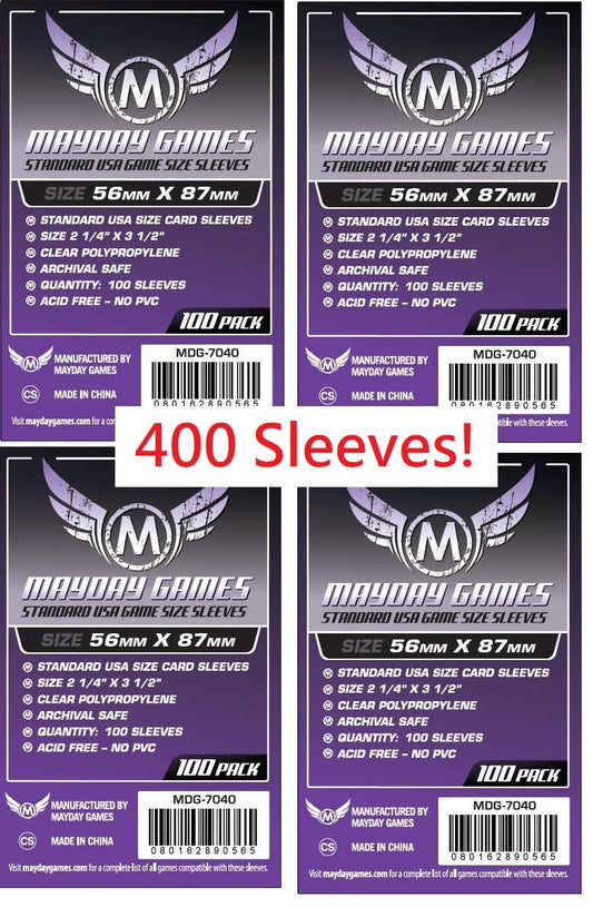 Four packs of Standard USA Game Size Sleeves, 56x87mm, 100 sleeves per pack, total 400 sleeves, red text on packaging.