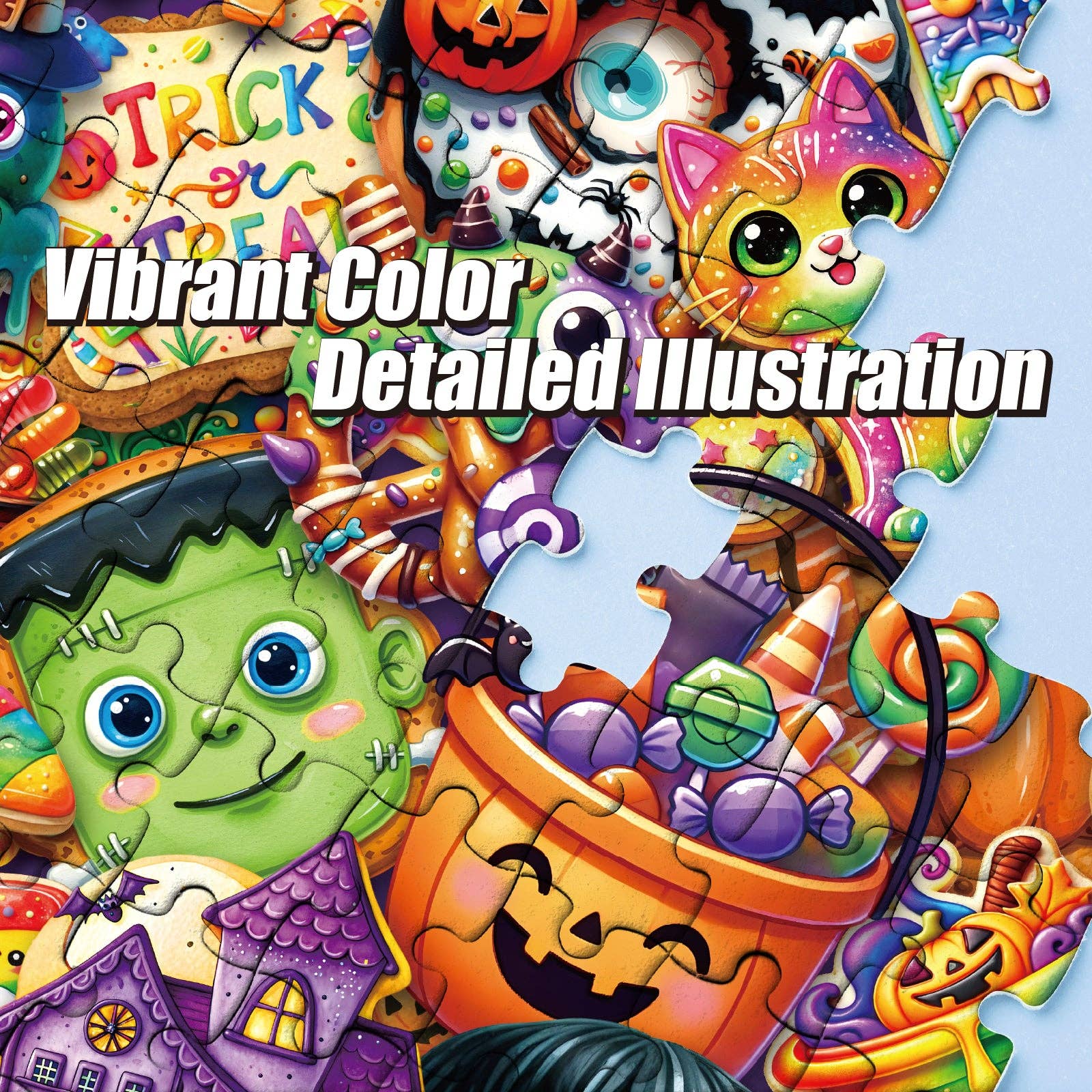 Spooky Sweet Treats 1000-piece puzzle featuring Halloween art with candy, jack-o-lantern, cat, and Frankenstein.