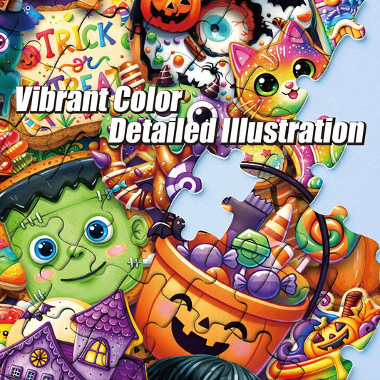 Spooky Sweet Treats 1000-piece puzzle featuring Halloween art with candy, jack-o-lantern, cat, and Frankenstein.
