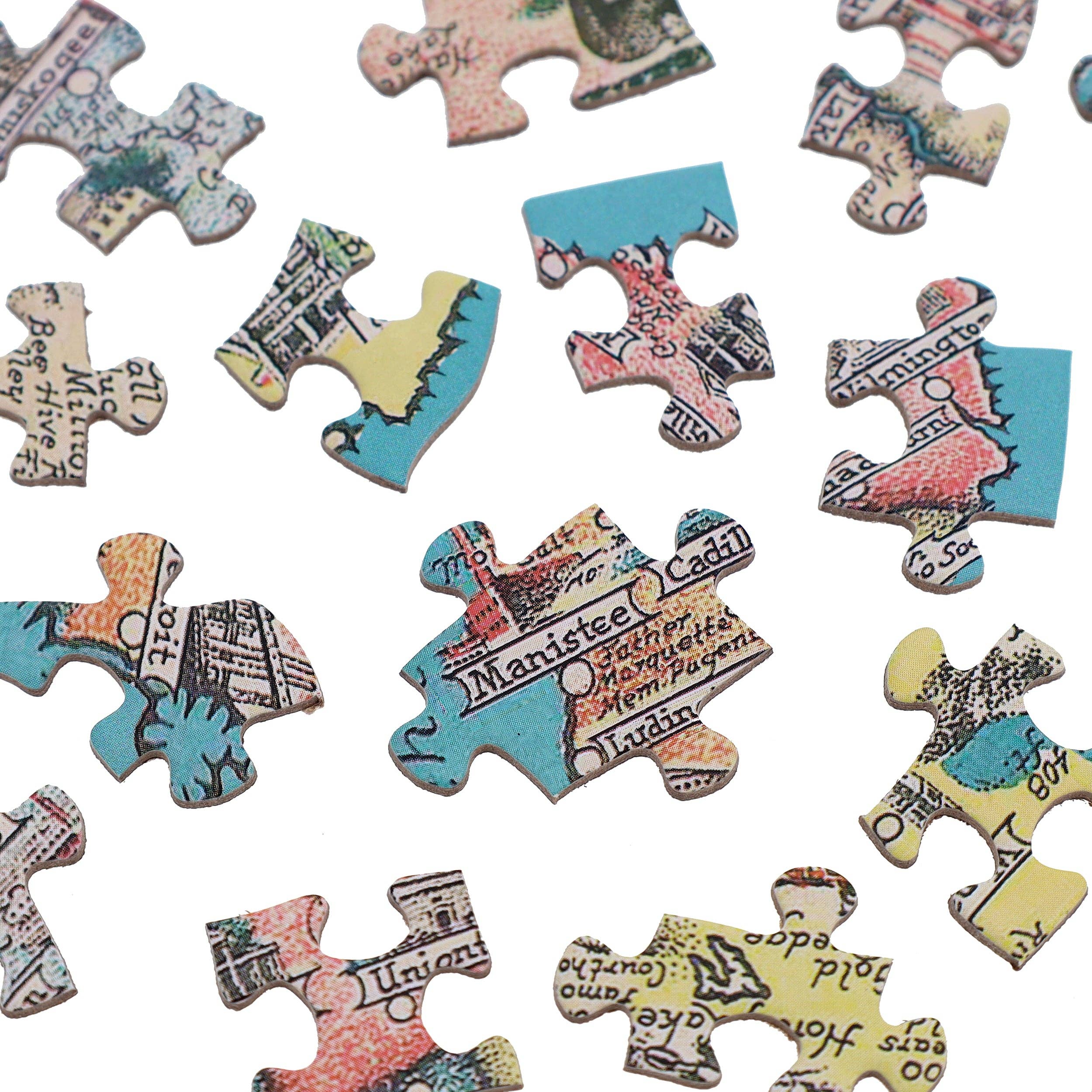 America the Wonderland 1,000-piece puzzle with colorful pieces showing historical pictorial map designs.