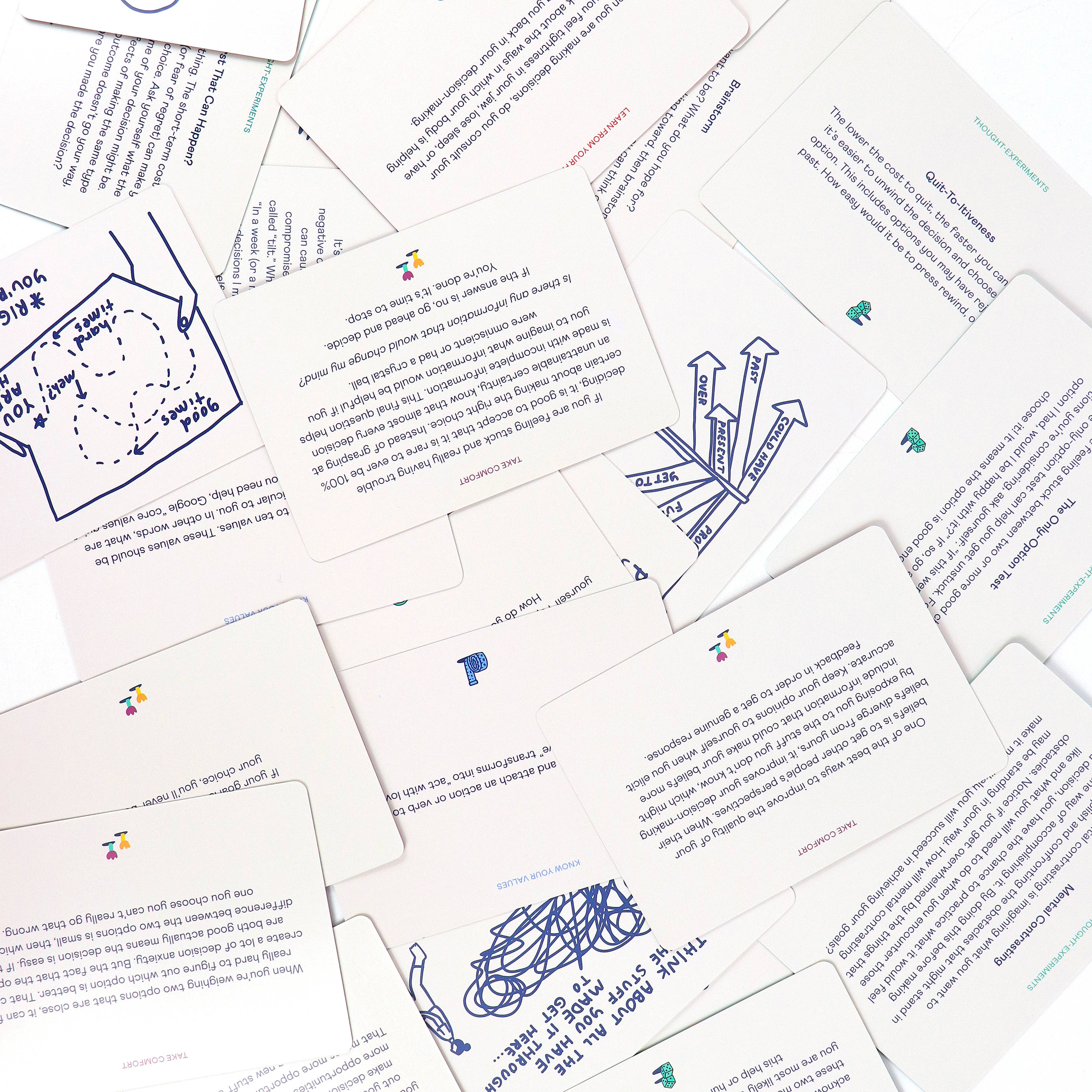 How To Decide Deck cards with blue doodles spread on a white surface.