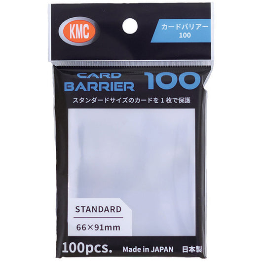 Card Barrier card sleeves, 100 count, 66x91mm, black/blue packaging, made in Japan.
