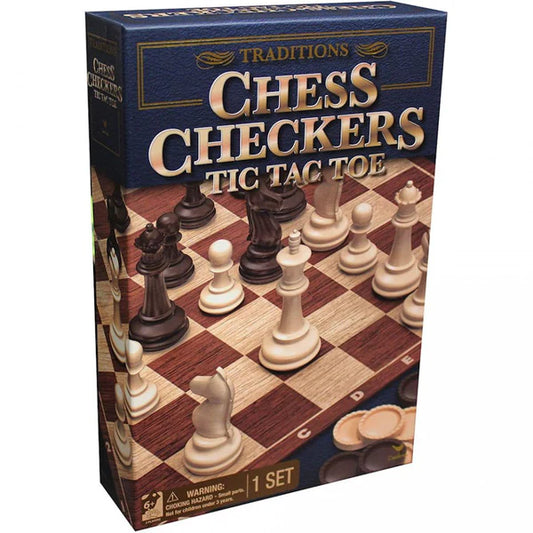 Chess, Checkers, Tic Tac Toe Traditions Box with classic chess pieces on a chessboard.